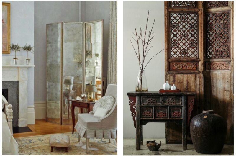 Antique folding screens instantly adding structure and personality to a space while solving layout issues in a non-permanent, elegant way.