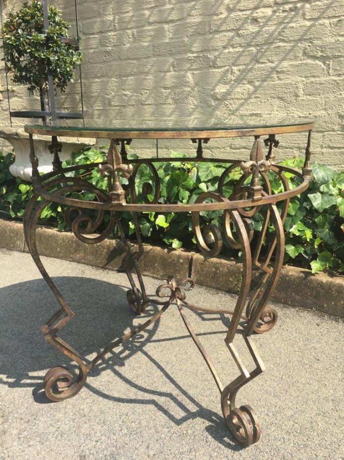 Gilded Wrought Iron Table with Scroll Detail and Mirror Top