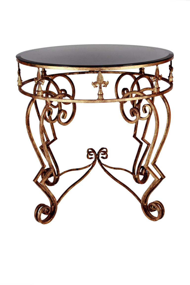 Gilded Wrought Iron Table with Scroll Detail and Mirror Top
