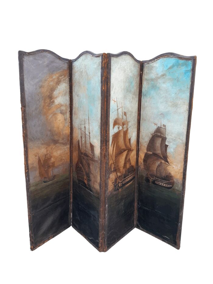 Antique Painted 4 Panel Screen - Ships