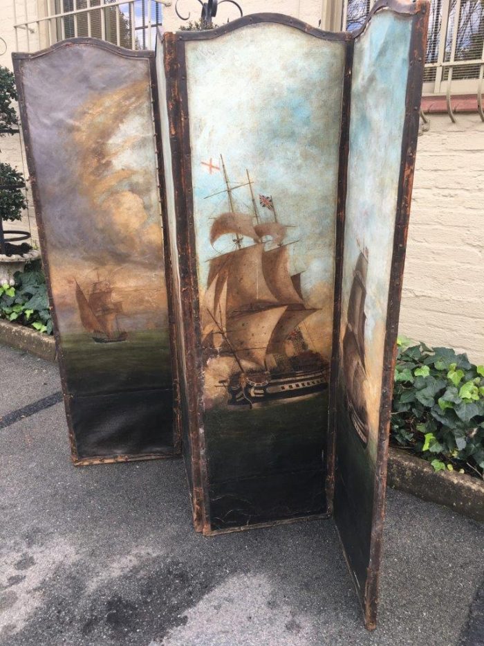 Antique Painted 4 Panel Screen - Ships - Image 2