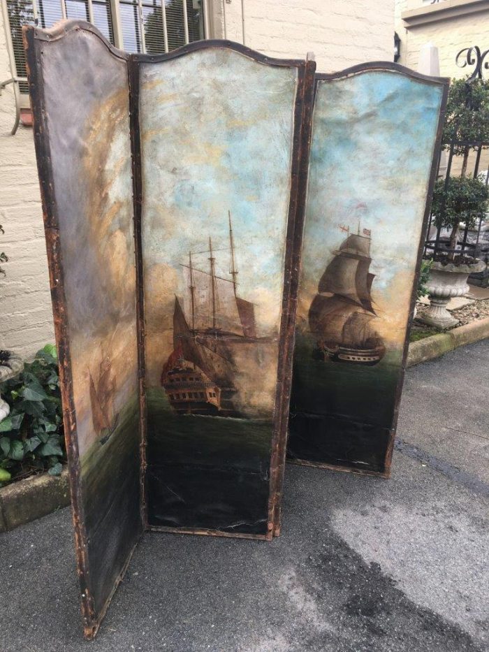 Antique Painted 4 Panel Screen - Ships - Image 3