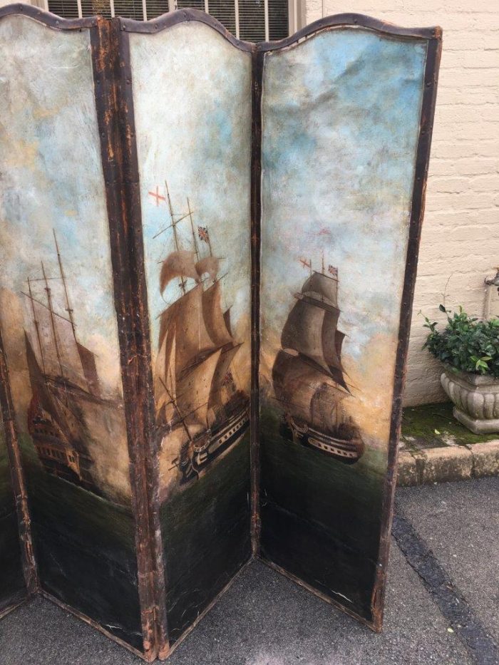 Antique Painted 4 Panel Screen - Ships - Image 4