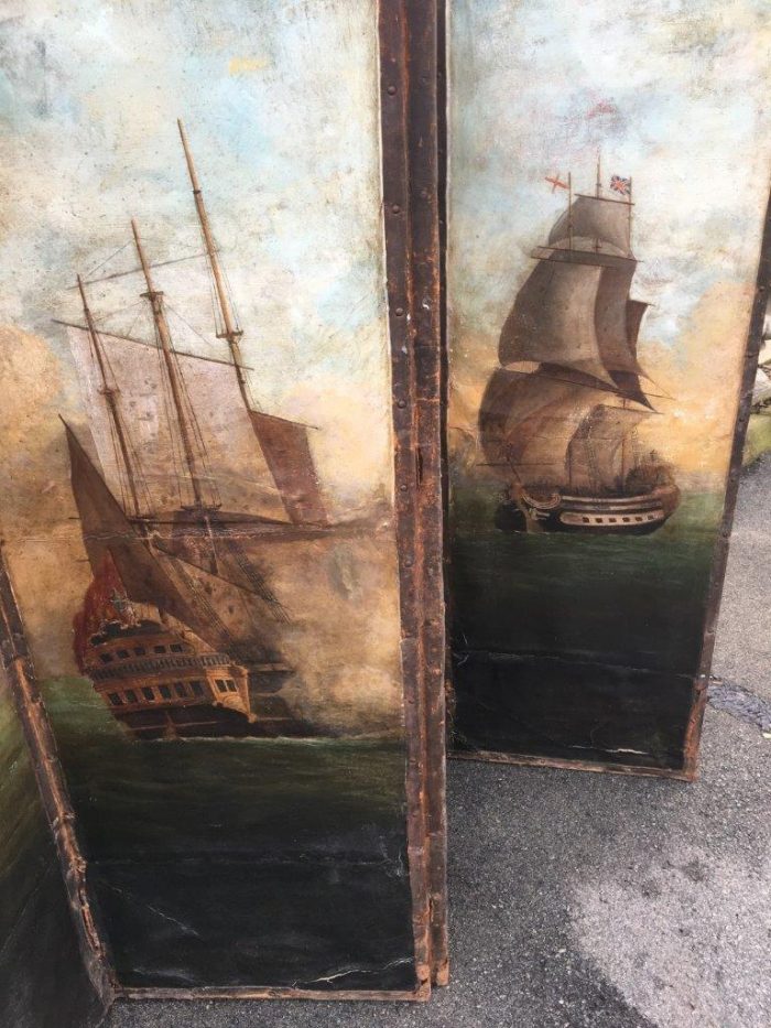 Antique Painted 4 Panel Screen - Ships - Image 5