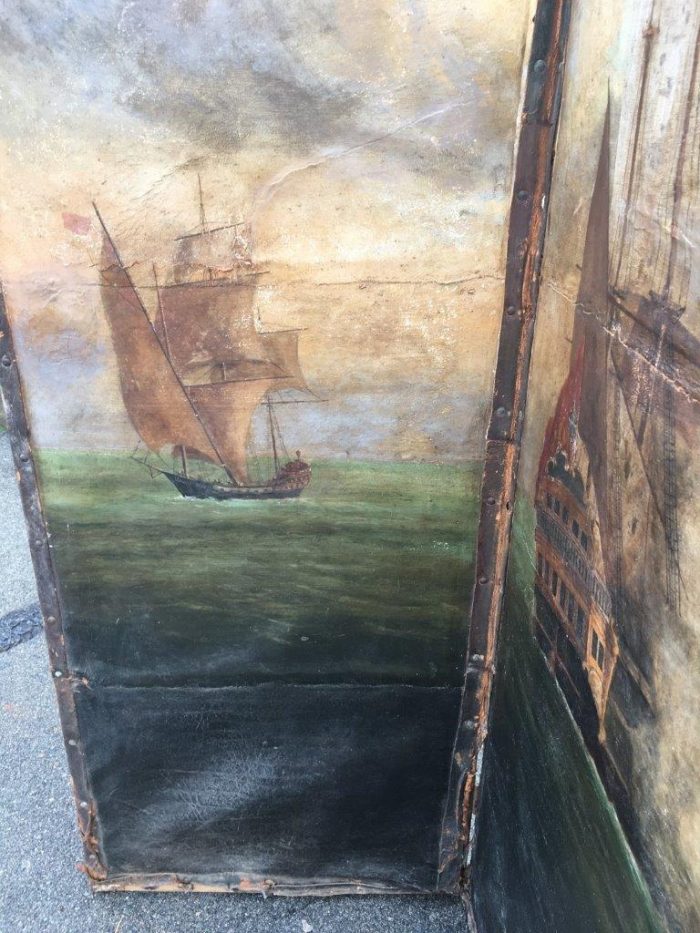 Antique Painted 4 Panel Screen - Ships - Image 6