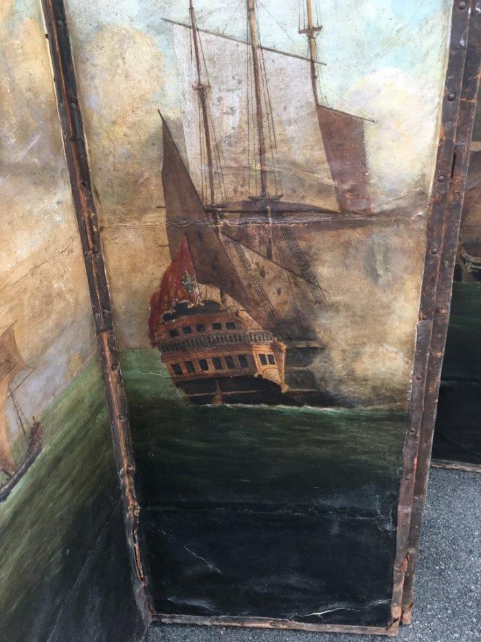 Antique Painted 4 Panel Screen - Ships - Image 7