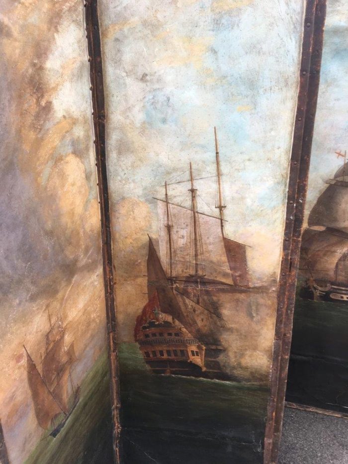 Antique Painted 4 Panel Screen - Ships - Image 8