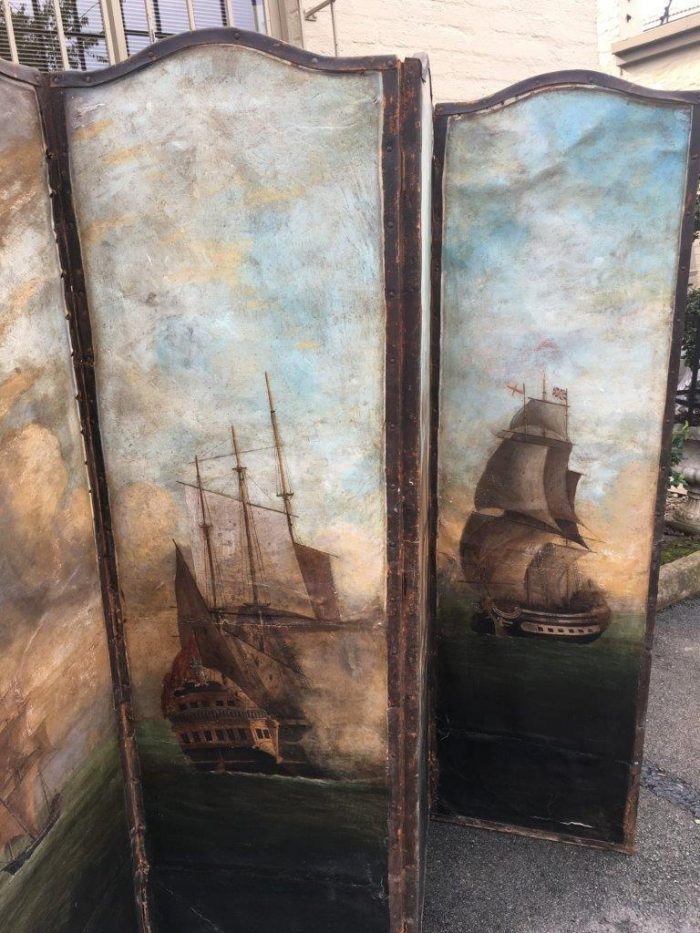 Antique Painted 4 Panel Screen - Ships - Image 9