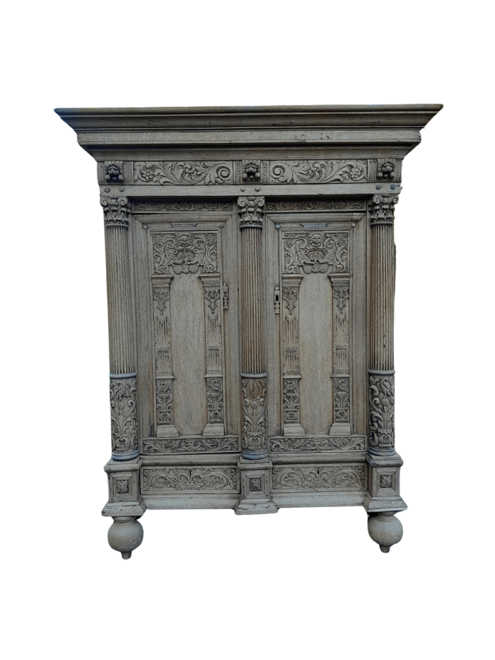 An 18th Century Renaissance Style Ornately Carved Cabinet/Armoire/ Kussenkast in a Contemporary Bleached Finish (Useful for TV or storing Bedroom Pillows, Duvets, Towels etc)