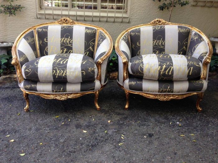 Pair Oversized French Bergere syle gilded armchairs hand gilded in  gold leaf upholstered with handmade fabric - Image 2