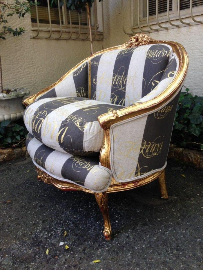 Pair Oversized French Bergere syle gilded armchairs hand gilded in  gold leaf upholstered with handmade fabric - Image 6