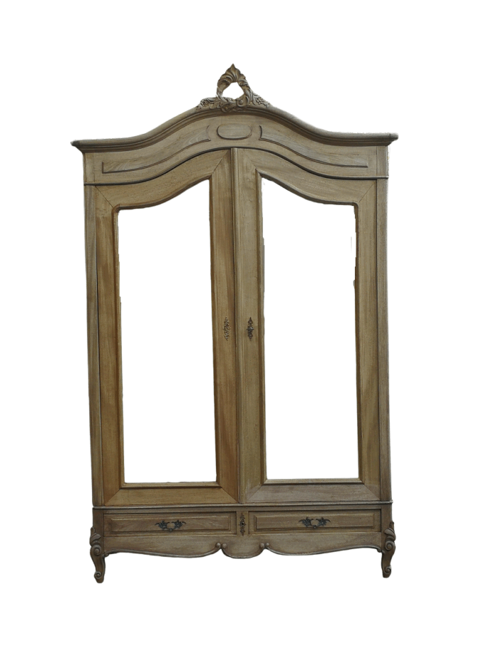 A 20th Century French Rococo Style Armoire with Bevelled Mirrors and Drawers finished in a contemporary Bleached / Natural Wood