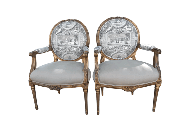 Pair Of French Style Carved Armchairs, Gilded And Upholstered In Imported Linen And Cotton Upholstery)