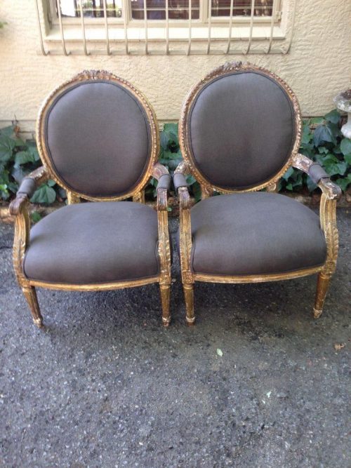 Pair of Antique Ornately Carved Gilded Baroque Style King Louis XV Medallion Armchairs  