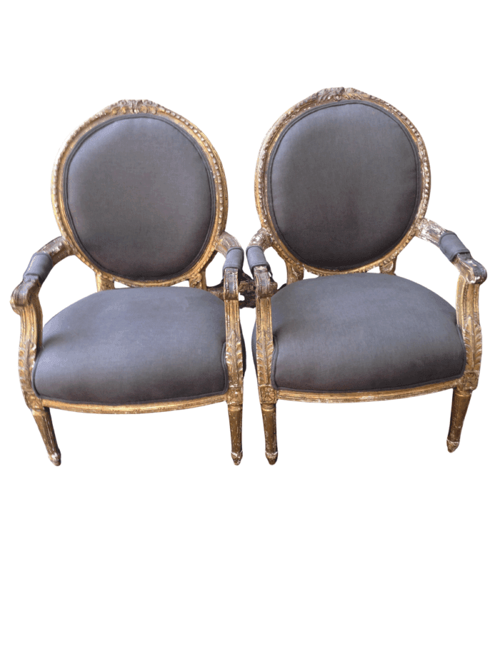 Pair of Antique Ornately Carved Gilded Baroque Style King Louis XV Medallion Armchairs  