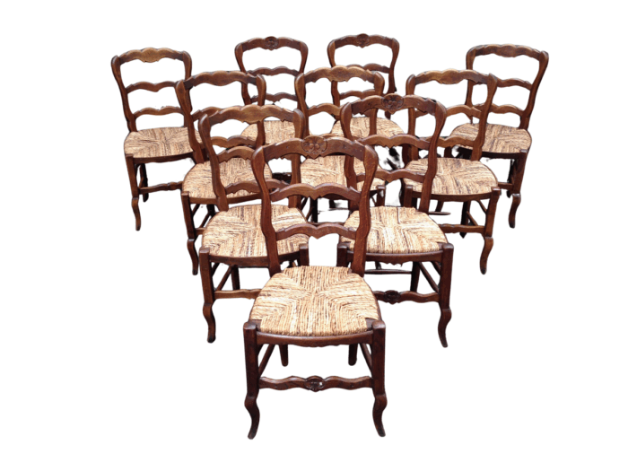 A Set Of Ten (10) French Beechwood Ladderback Chairs with upholstered Seagrass Seats