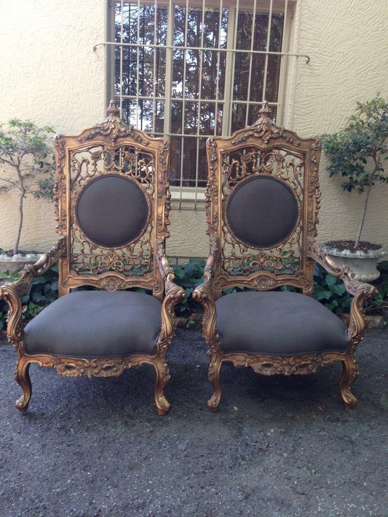 Pair Of Oversized Vintage French Gilded Throne Chairs New