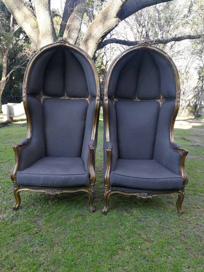 A Pair Of French Style Hand Gilded Dome Chairs Upholstered in a Contemporary Charcoal Linen - Image 2