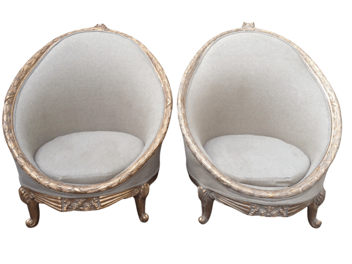 A Pair of French Empire Style Carved and Gilded Arm / Tub / Bergere Chairs Upholstered in an Imported Khaki Linen
