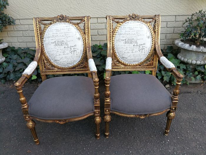 An Exceptional Pair of French Style Carved and Gilded Armchairs Upholstered in a Custom-Made Linen for The Crown Collection ND - Image 3