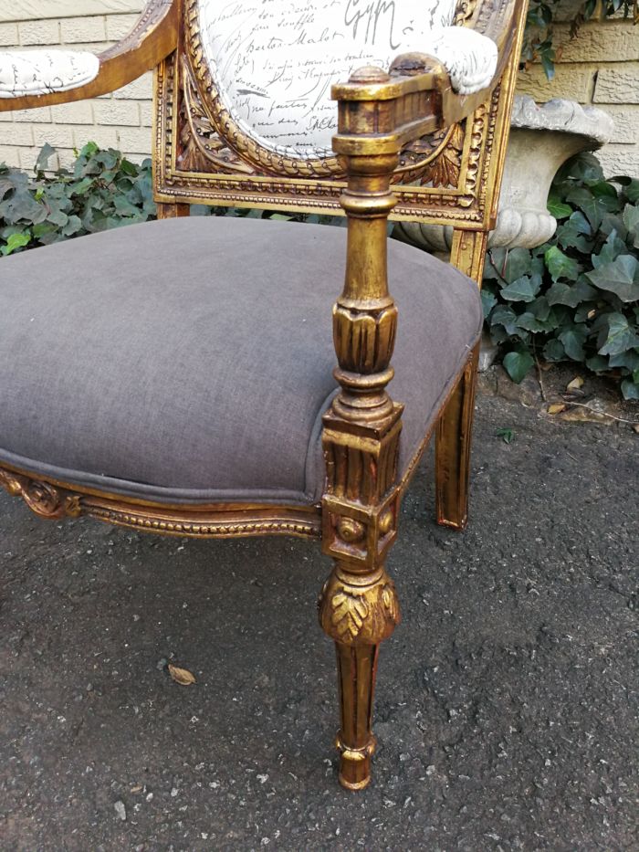 An Exceptional Pair of French Style Carved and Gilded Armchairs Upholstered in a Custom-Made Linen for The Crown Collection ND - Image 7