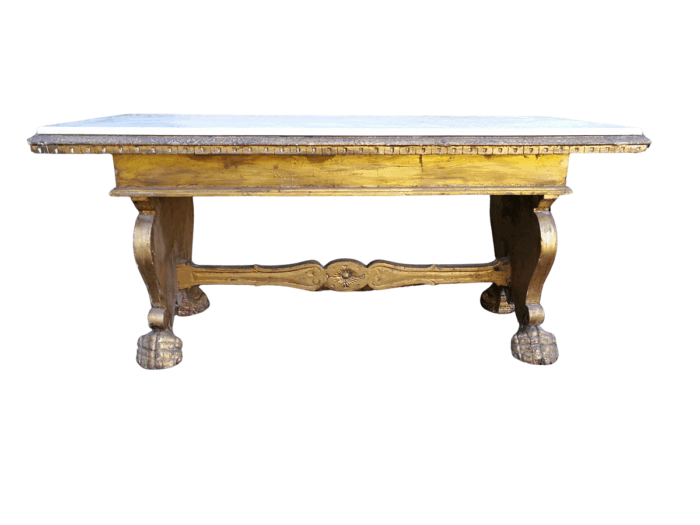 A 20TH Century Ornately Carved And Hand- Gilded Wooden Entrance Hall / Refectory / Dining Table with Marble Top (6-8 Seater)