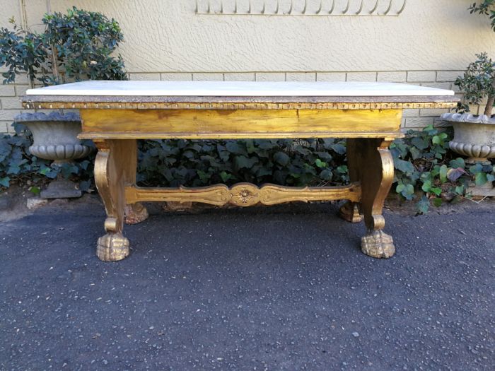 A 20TH Century Ornately Carved And Hand- Gilded Wooden Entrance Hall / Refectory / Dining Table with Marble Top (6-8 Seater) - Image 2