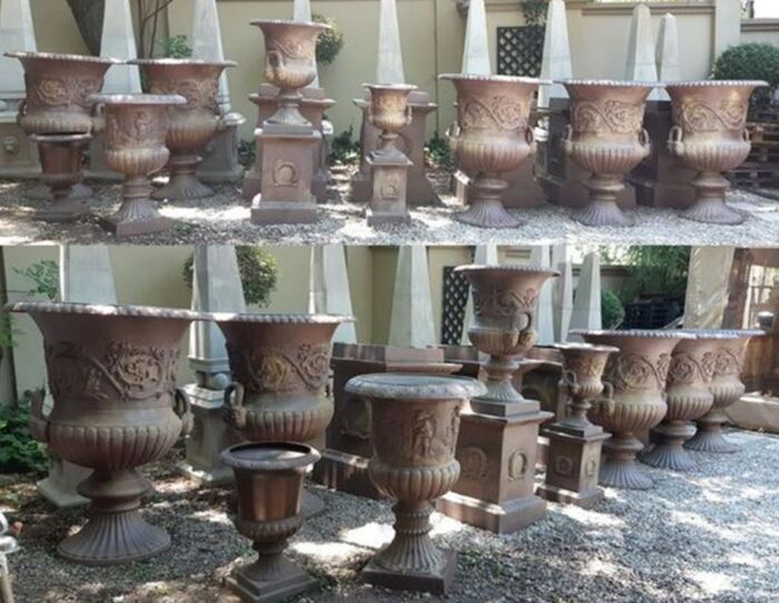 A Rare 20TH Century French Set of Five Massive Cast Iron Urns on Plinths