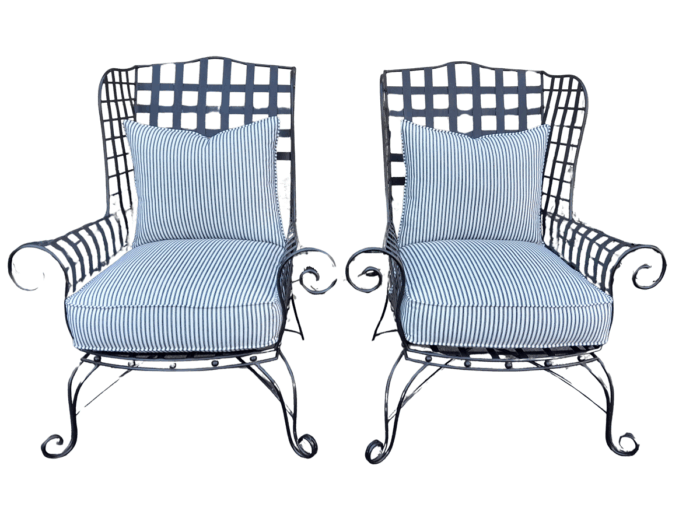 A Pair of Custom-Made Heavy Wrought Iron Highly decorative Wrought Iron Armchairs With Ticking Cushions