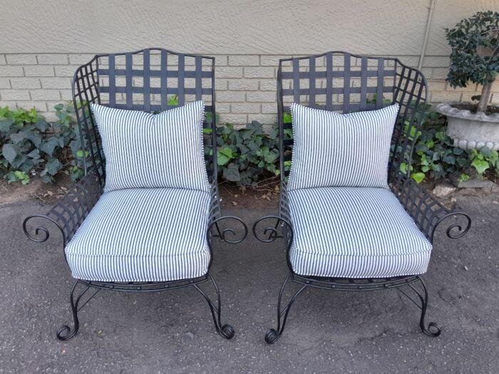 A Pair of Custom-Made Heavy Wrought Iron Highly decorative Wrought Iron Armchairs With Ticking Cushions - Image 4