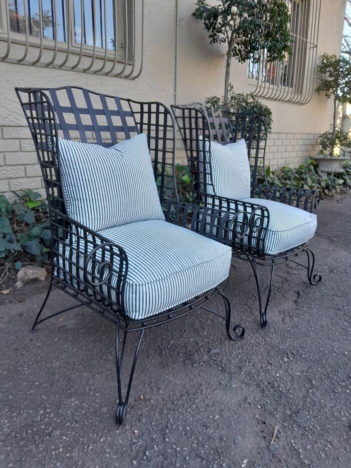 A Pair of Custom-Made Heavy Wrought Iron Highly decorative Wrought Iron Armchairs With Ticking Cushions - Image 5