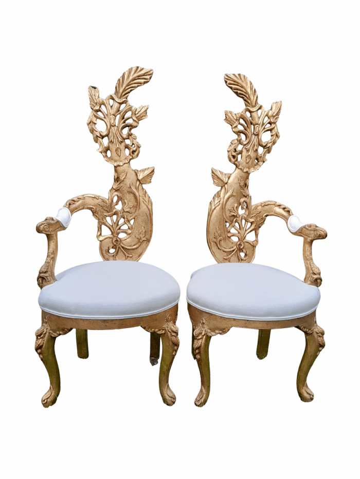 A Pair of Baroque Style Carved and Hand Gilded High Back Throne Chairs (upholstered in white)