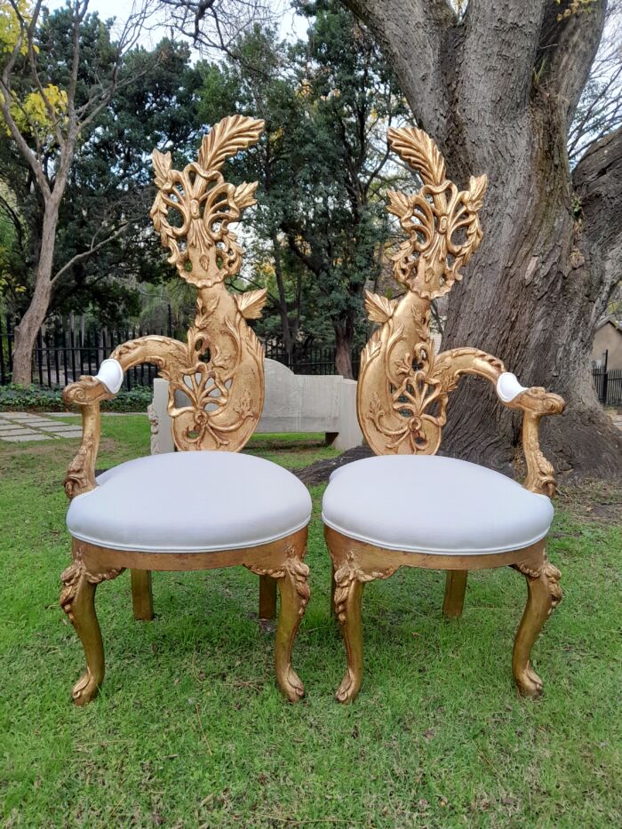 A Pair of Baroque Style Carved and Hand Gilded High Back Throne Chairs (upholstered in white) - Image 10