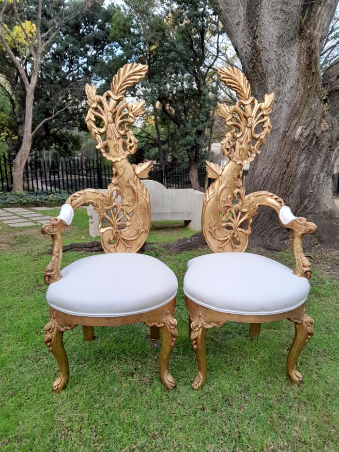 A Pair of Baroque Style Carved and Hand Gilded High Back Throne Chairs (upholstered in white) - Image 9
