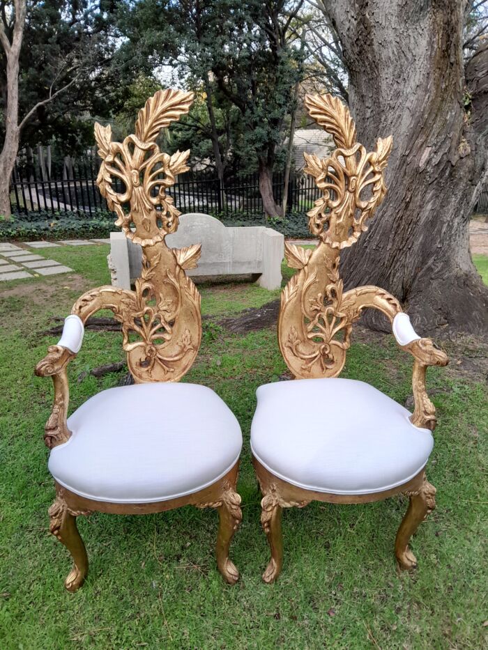 A Pair of Baroque Style Carved and Hand Gilded High Back Throne Chairs (upholstered in white) - Image 8