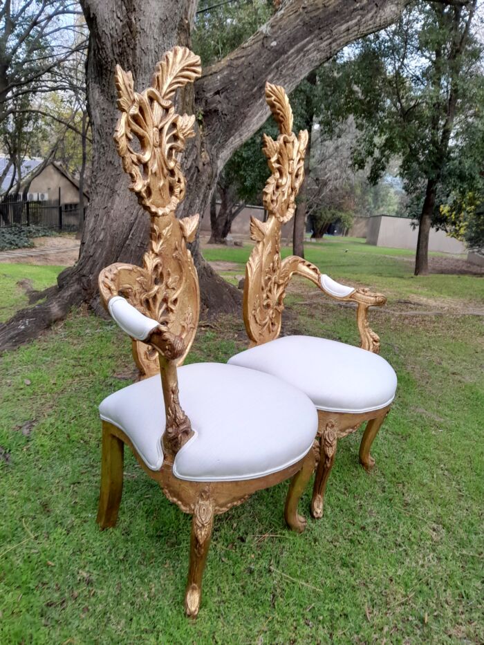 A Pair of Baroque Style Carved and Hand Gilded High Back Throne Chairs (upholstered in white) - Image 7