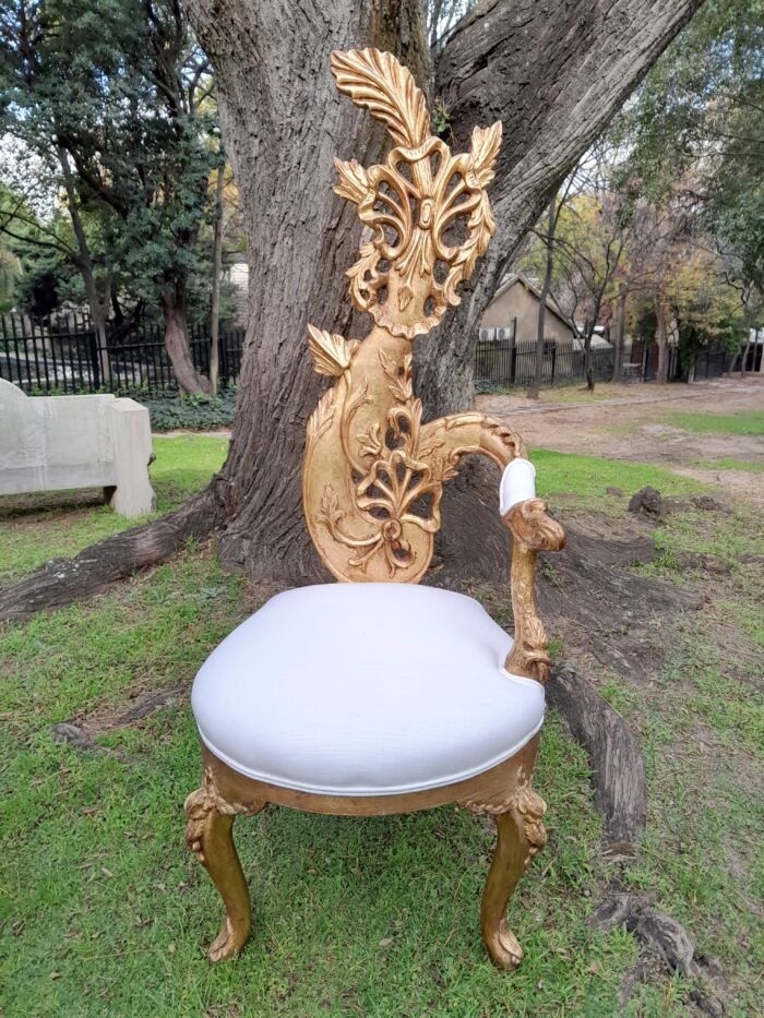 A Pair of Baroque Style Carved and Hand Gilded High Back Throne Chairs (upholstered in white) - Image 6