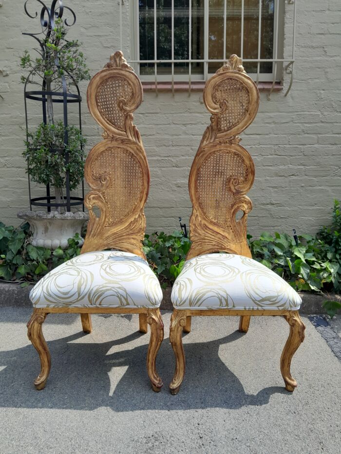 A 20th Century Rare Pair of Baroque Style Carved and Hand Gilded Throne Chairs Upholstered in a Custom-Made LInen for The Crown Collection - Image 2
