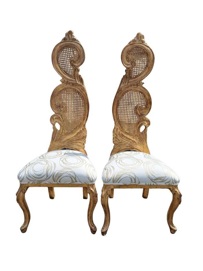 A 20th Century Rare Pair of Baroque Style Carved and Hand Gilded Throne Chairs Upholstered in a Custom-Made LInen for The Crown Collection