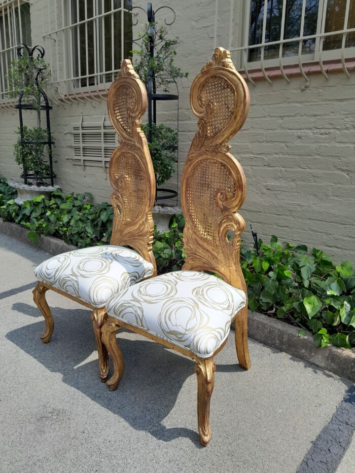 A 20th Century Rare Pair of Baroque Style Carved and Hand Gilded Throne Chairs Upholstered in a Custom-Made LInen for The Crown Collection - Image 4