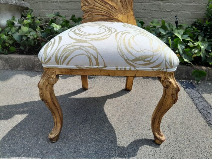 A 20th Century Rare Pair of Baroque Style Carved and Hand Gilded Throne Chairs Upholstered in a Custom-Made LInen for The Crown Collection - Image 8