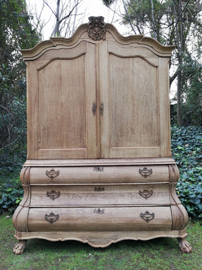 A19th Century Dutch Bleached / Natural Wood Finish Oak Bombe Cabinet/Armoire