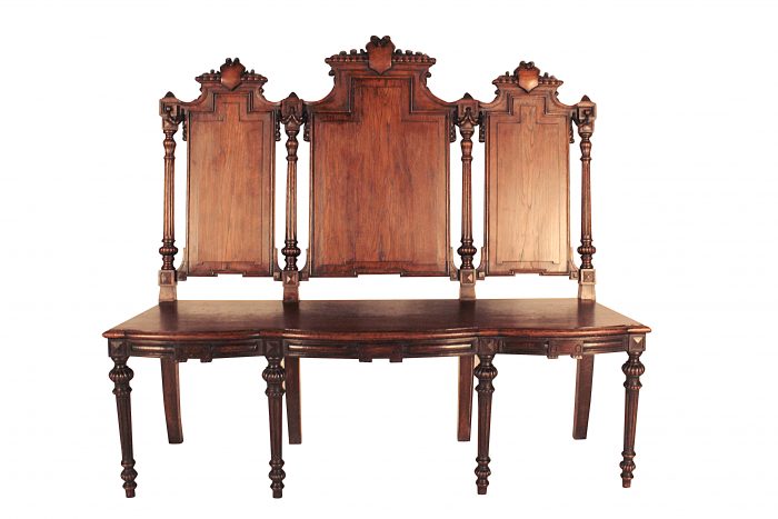 French 19th Century oak carved 3-seater bench, 129cm high, 135cm wide