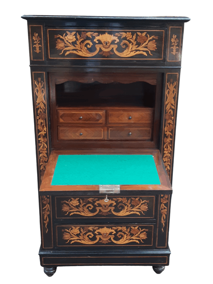 A Late 19th Century Dutch Marquetry And Ebonised Secrétaire À Abbatant, Enclosing A Baize-Lined Writing Surface, Two Small Drawers, A Long Drawer And An Open Compartment, With Three Drawers Below, Raised On Turned Feet