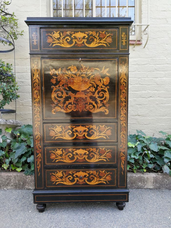 A Late 19th Century Dutch Marquetry And Ebonised Secrétaire À Abbatant, Enclosing A Baize-Lined Writing Surface, Two Small Drawers, A Long Drawer And An Open Compartment, With Three Drawers Below, Raised On Turned Feet - Image 2