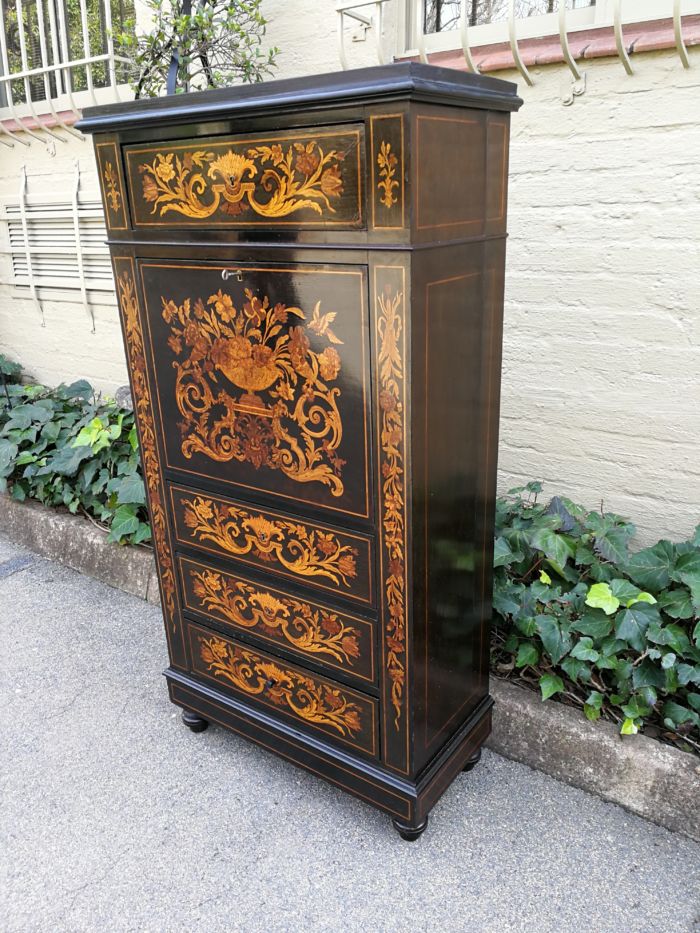 A Late 19th Century Dutch Marquetry And Ebonised Secrétaire À Abbatant, Enclosing A Baize-Lined Writing Surface, Two Small Drawers, A Long Drawer And An Open Compartment, With Three Drawers Below, Raised On Turned Feet - Image 4