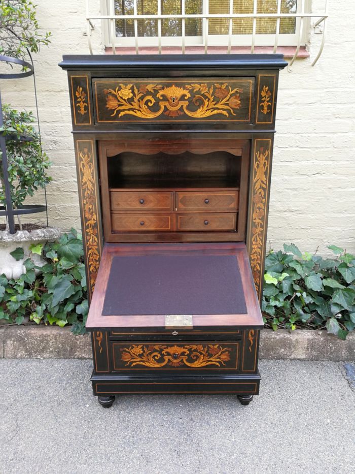 A Late 19th Century Dutch Marquetry And Ebonised Secrétaire À Abbatant, Enclosing A Baize-Lined Writing Surface, Two Small Drawers, A Long Drawer And An Open Compartment, With Three Drawers Below, Raised On Turned Feet - Image 5