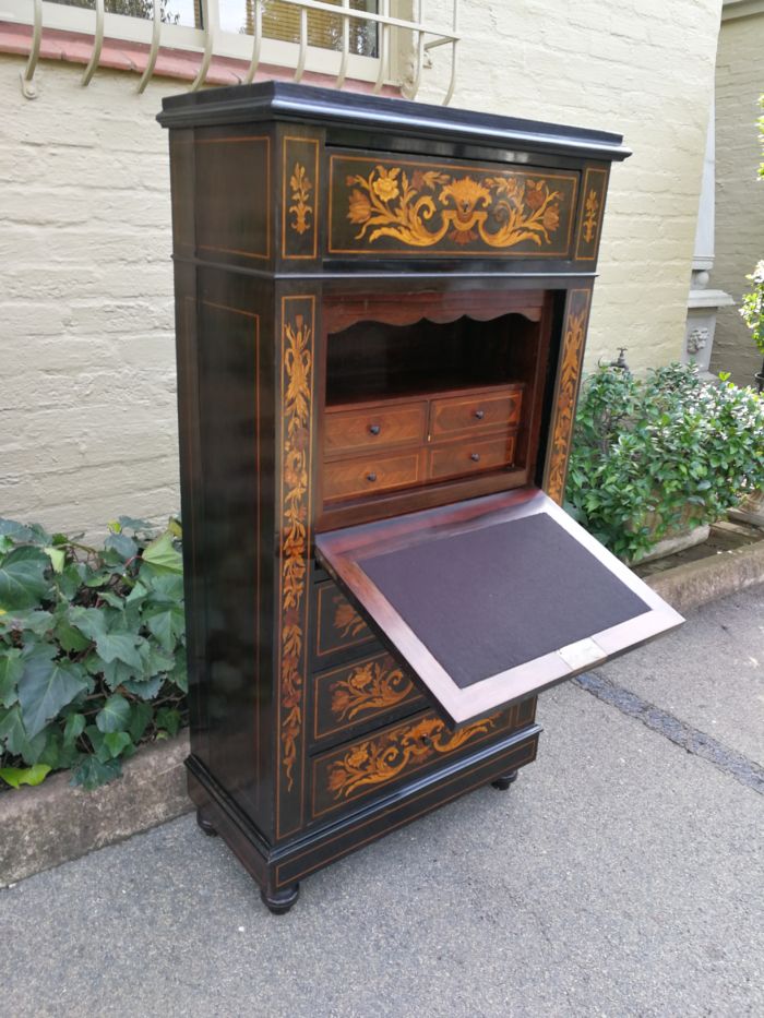 A Late 19th Century Dutch Marquetry And Ebonised Secrétaire À Abbatant, Enclosing A Baize-Lined Writing Surface, Two Small Drawers, A Long Drawer And An Open Compartment, With Three Drawers Below, Raised On Turned Feet - Image 6