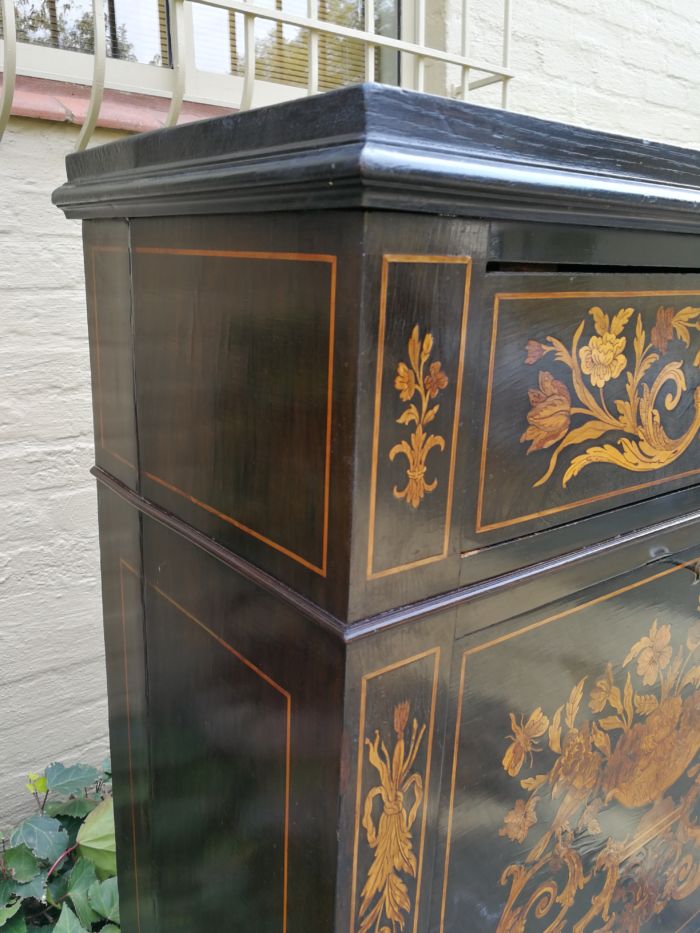 A Late 19th Century Dutch Marquetry And Ebonised Secrétaire À Abbatant, Enclosing A Baize-Lined Writing Surface, Two Small Drawers, A Long Drawer And An Open Compartment, With Three Drawers Below, Raised On Turned Feet - Image 8