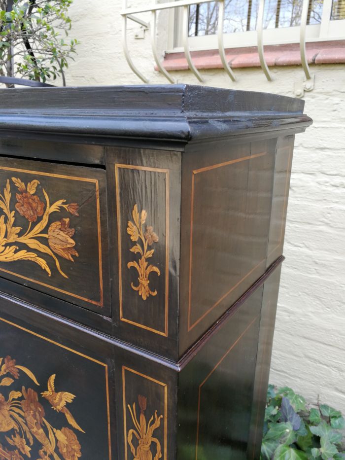 A Late 19th Century Dutch Marquetry And Ebonised Secrétaire À Abbatant, Enclosing A Baize-Lined Writing Surface, Two Small Drawers, A Long Drawer And An Open Compartment, With Three Drawers Below, Raised On Turned Feet - Image 9